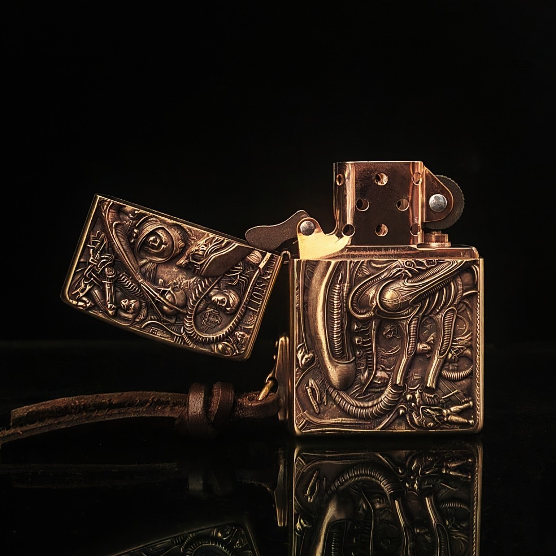 Zippo Brushed Brass Lighter with 3D Alien Biomech Welded Emblem & Keychain Loop