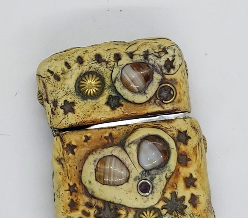 Ancient African Zippo Lighter With Bone Case Decorated Enamel Brass & Seashell