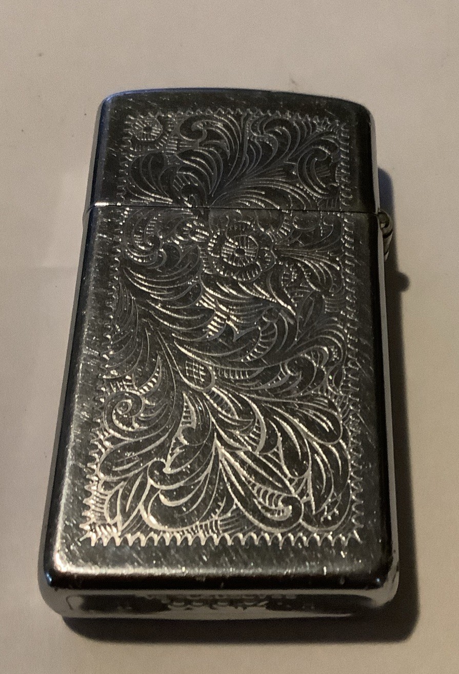 Vintage 1980’s Zippo Lighter Etched Floral Scroll Silver Tone