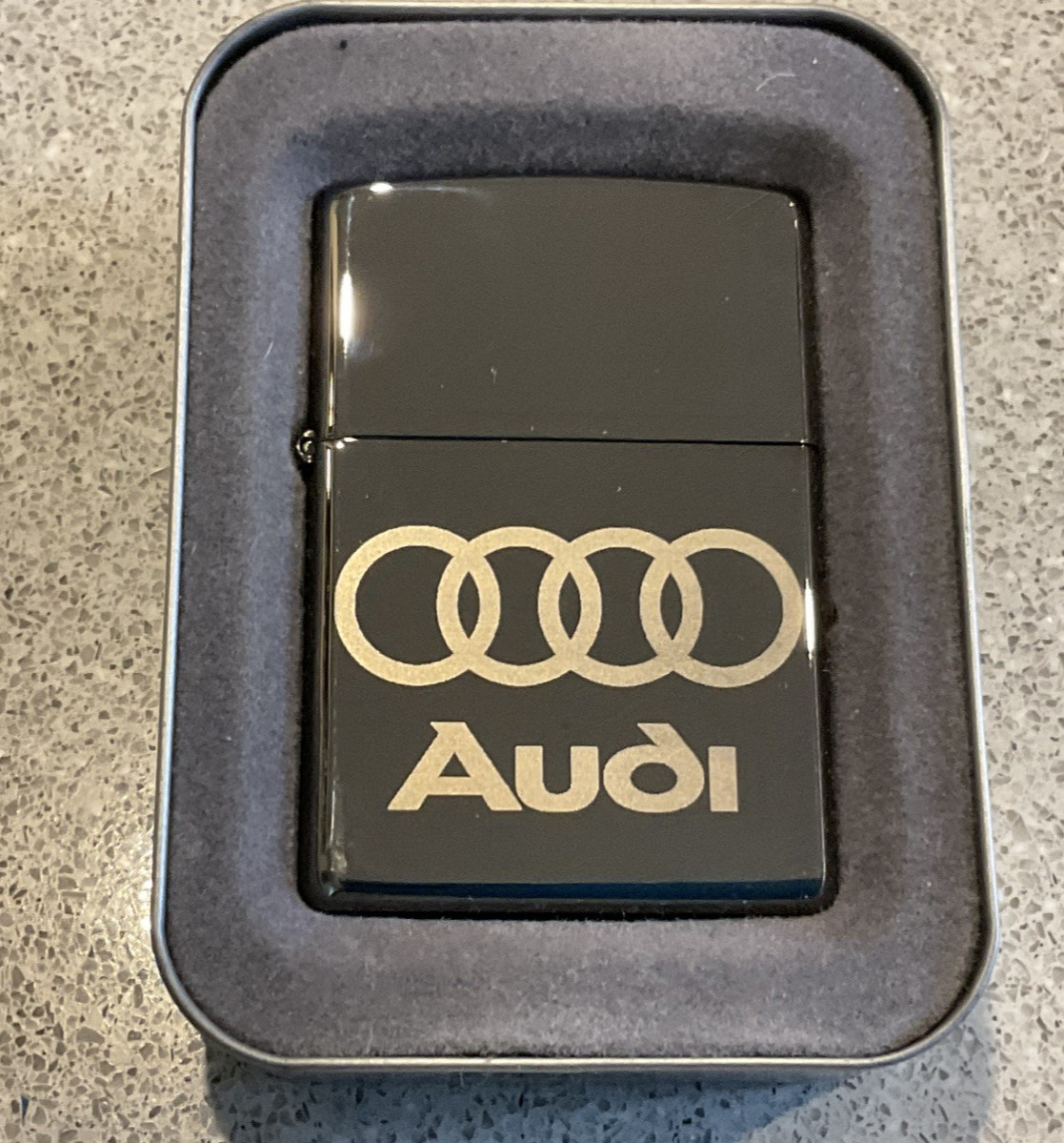 Genuine Brand New 2015 ZIPPO Lighter AMAZING ETCHED AUDI LOGO Black Ice Chrome